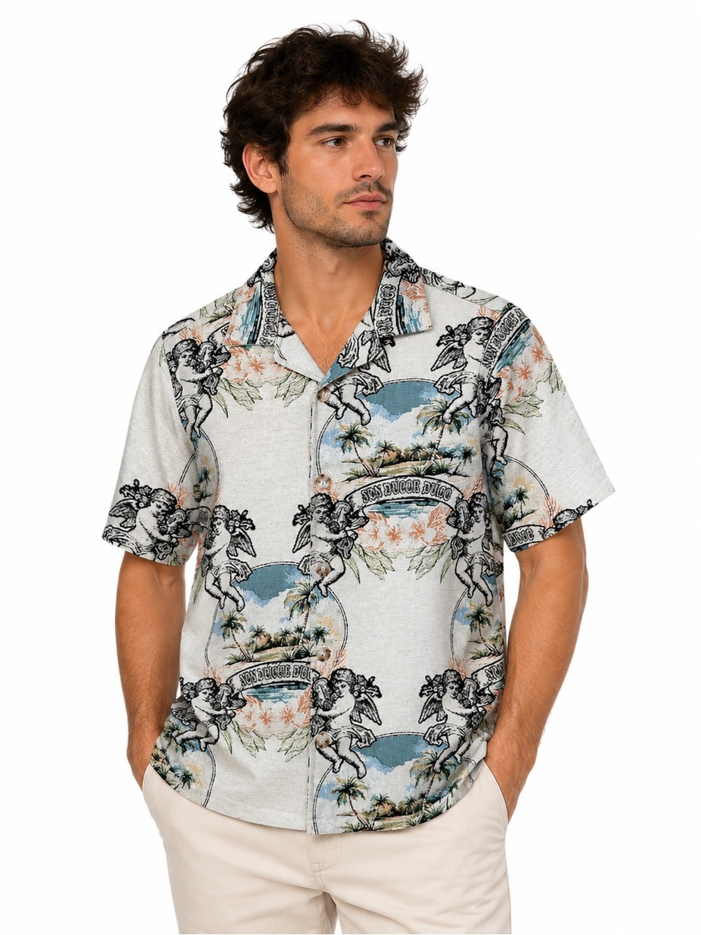 Rebel Vengeance Cherub Tapestry Button Up Shirt Small Tropical Angel Gothic